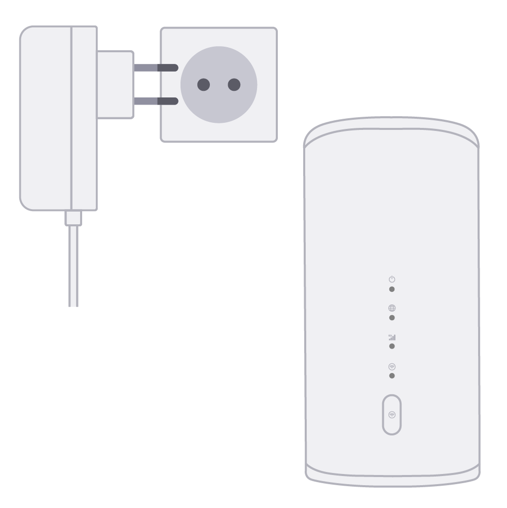 Illustratie van het Klik&Klaar modem met de adapter en een stopcontact