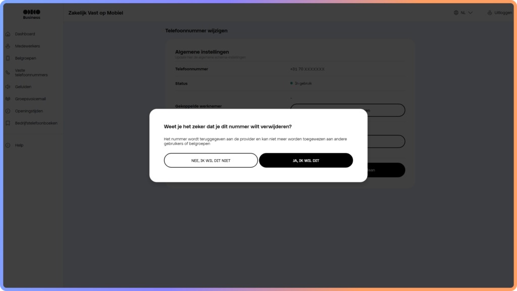 Pop up scherm met de vraag of je zeker weet dat je een Vast Telefoonnummer wil verwijderen in het Zakelijk Vast op Mobiel portaal