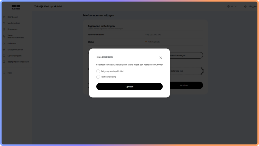 Pop up scherm waar je een belgroep koppelt aan een vast telefoonnummer in het Zakelijk Vast op Mobiel portaal