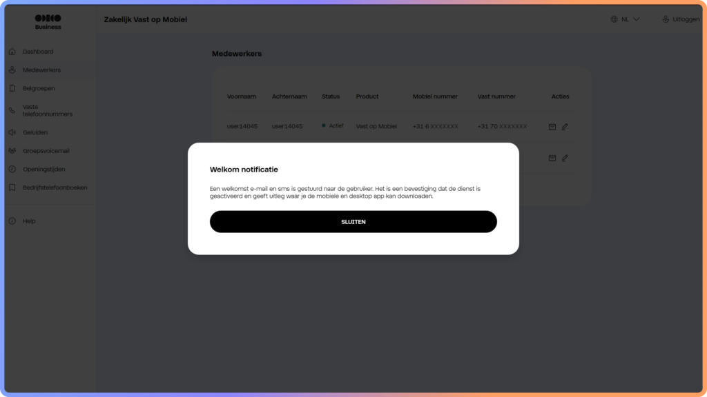 Pop up scherm met de bevestiging dat de welkomste-mail is verstuurd naar de medewerker in het Zakelijk Vast op Mobiel portaal