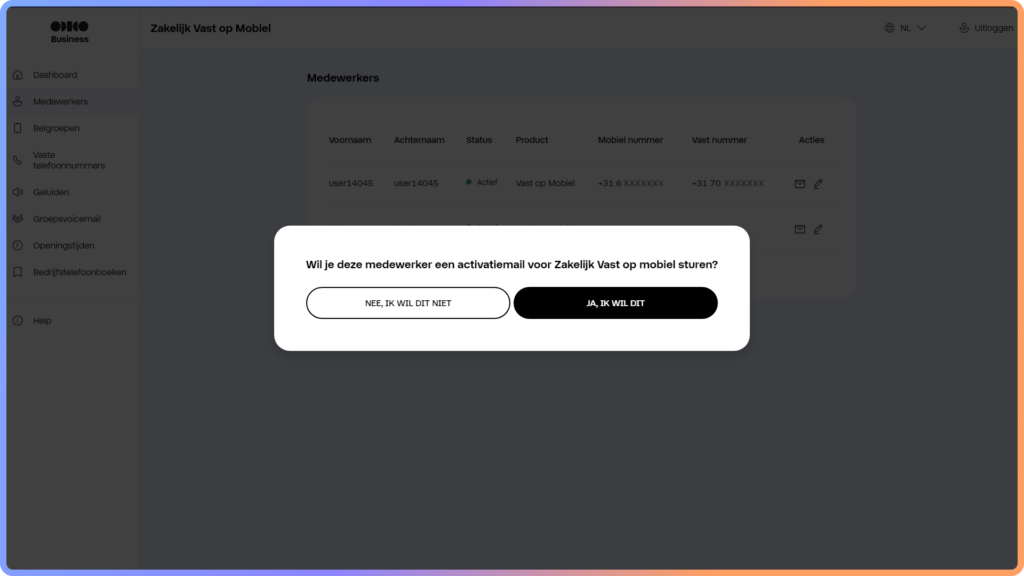 Pop up scherm met de vraag of je zeker weet dat je een welkomst-email wil sturen naar een medewerker in het Zakelijk Vast op Mobiel portaal