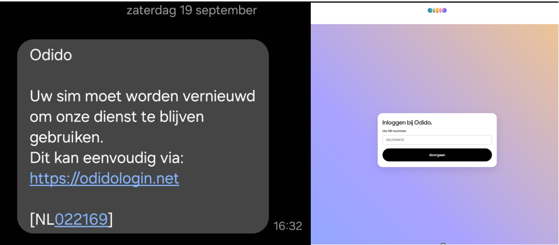 Printscreen van een nep sim vernieuwen smsje en een nep inlogpagina