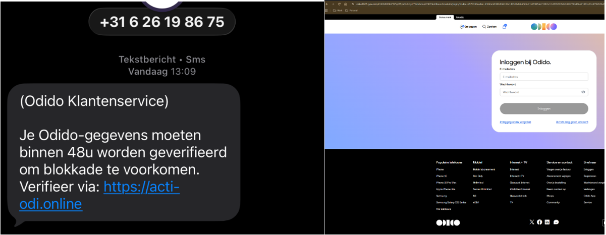 Printscreen van een nep gegevens bevestigen smsje en een nep inlogpagina