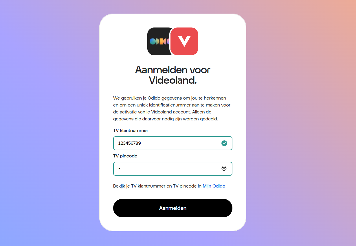Aanmelden voor Videoland scherm in Mijn Odido