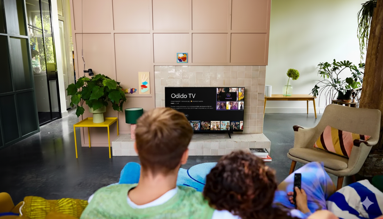 Een stel zit op de bank en kijkt naar een tv waarop “Odido TV” staat, in een moderne woonkamer met planten en stijlvolle decoratie.