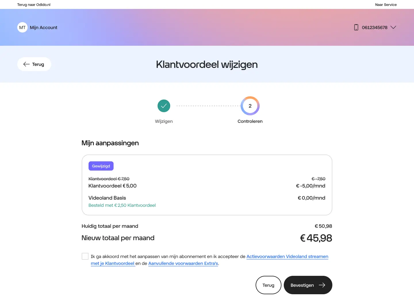 Videoland klantvoordeel activeren stap 3 printscreen van bevestiging van korting plus Videoland Basis