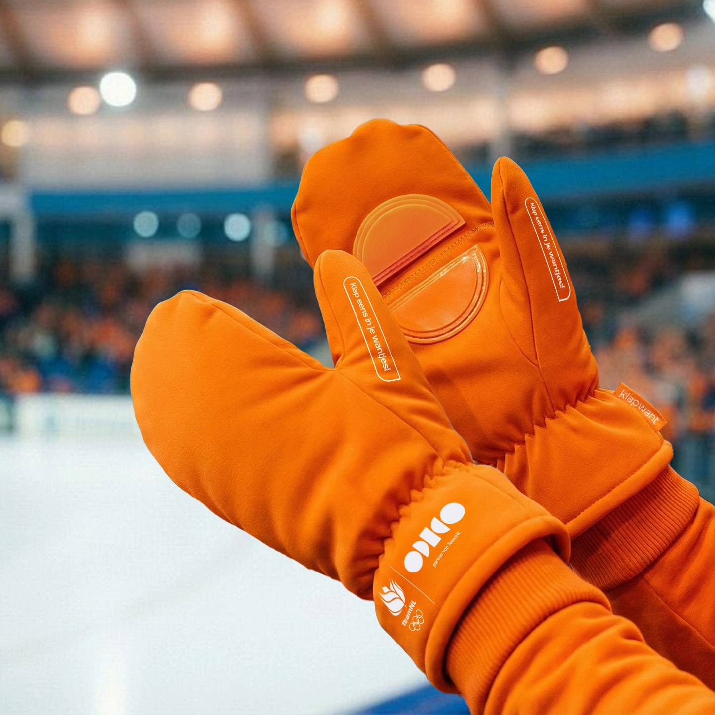 Close-up of hands wearing bright orange mittens with clear oval windows at the palm, against a blurred indoor ice rink background.