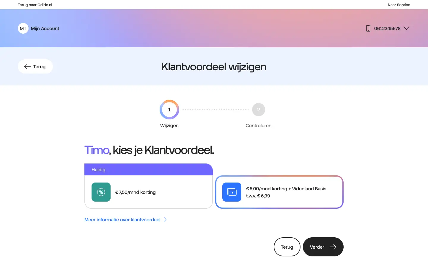 Videoland klantvoordeel activeren stap 2 printscreen van keuze mogelijkheid tussen korting of korting plus Videoland Basis