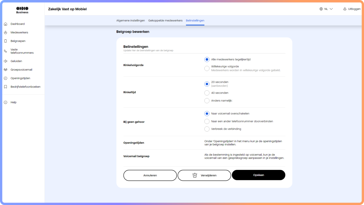Belgroep bewerken in de Zakelijk Vast op Mobiel portal