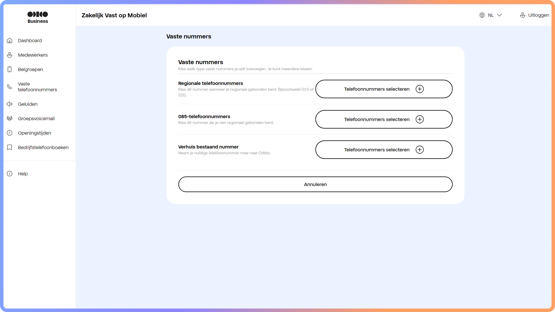 Kiezen van een regionaal, landelijk of het verhuizen van een bestaand vast telefoonnummer in het Zakelijk Vast op Mobiel portaal