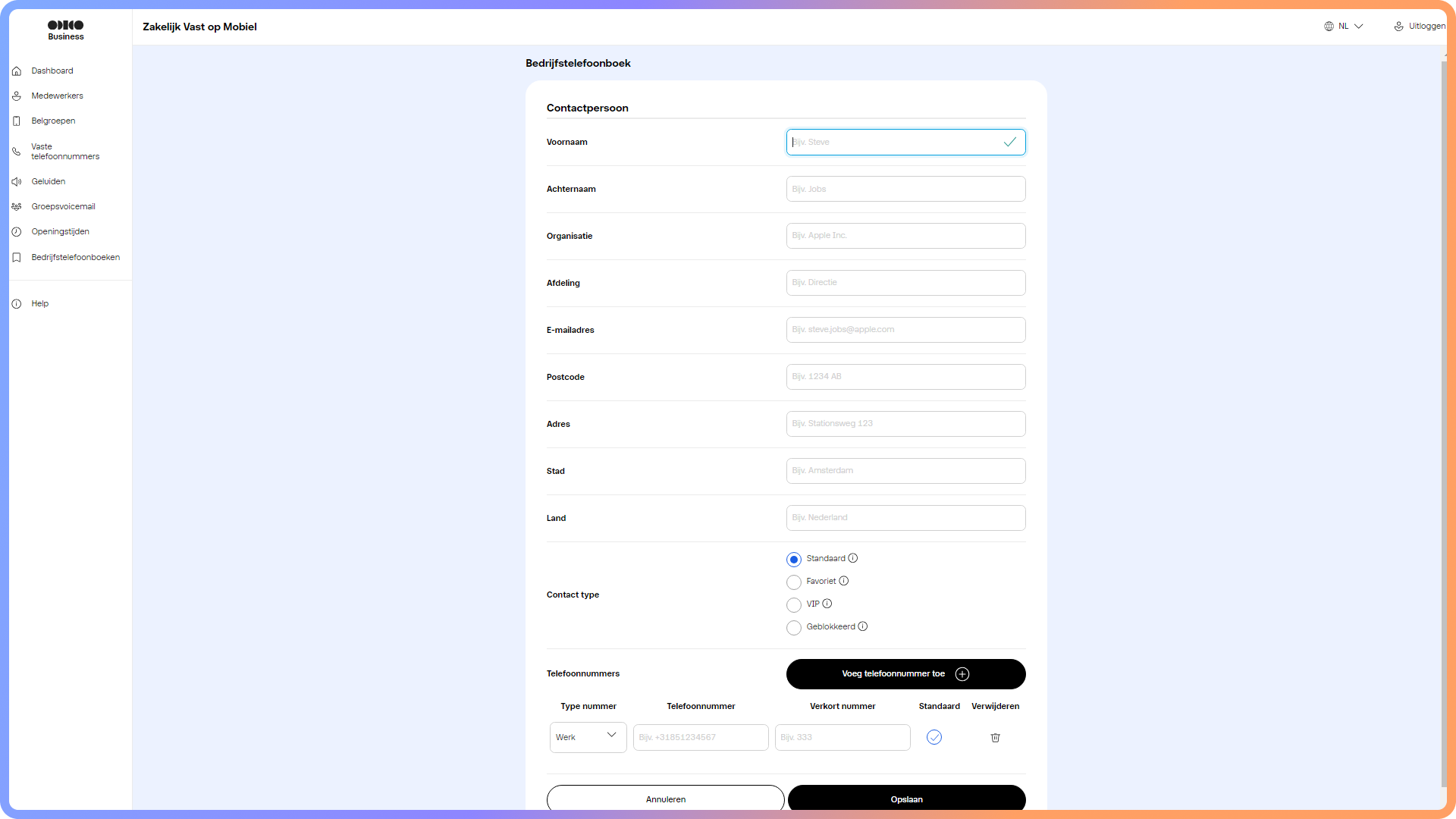 Invullen van de gegevens bij het toevoegen van een contactpersoon in het Zakelijk Vast op Mobiel portaal
