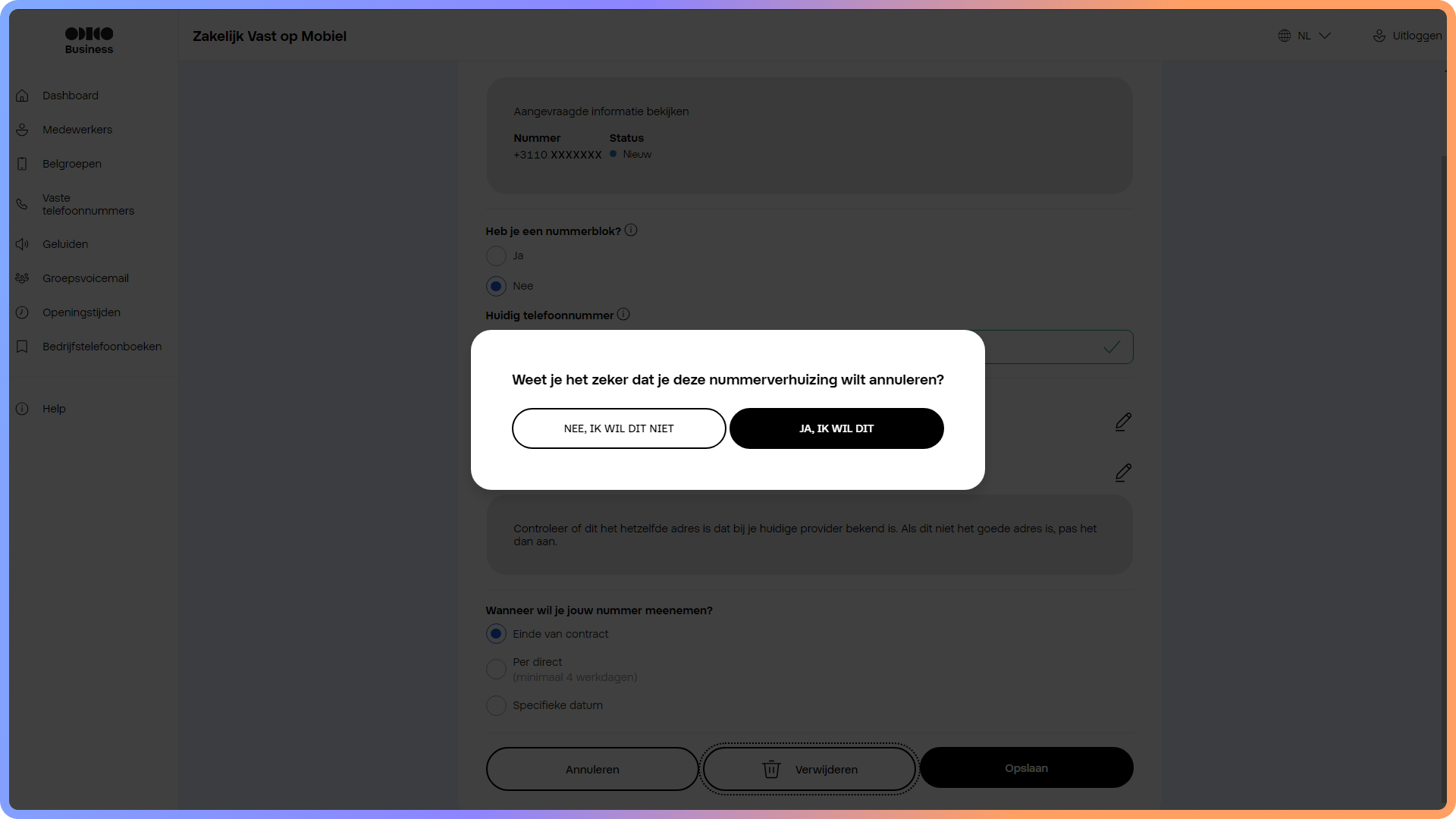 Bevestiging van het verwijderen van een aanvraag voor nummerbehoud in het Zakelijk Vast op Mobiel portaal