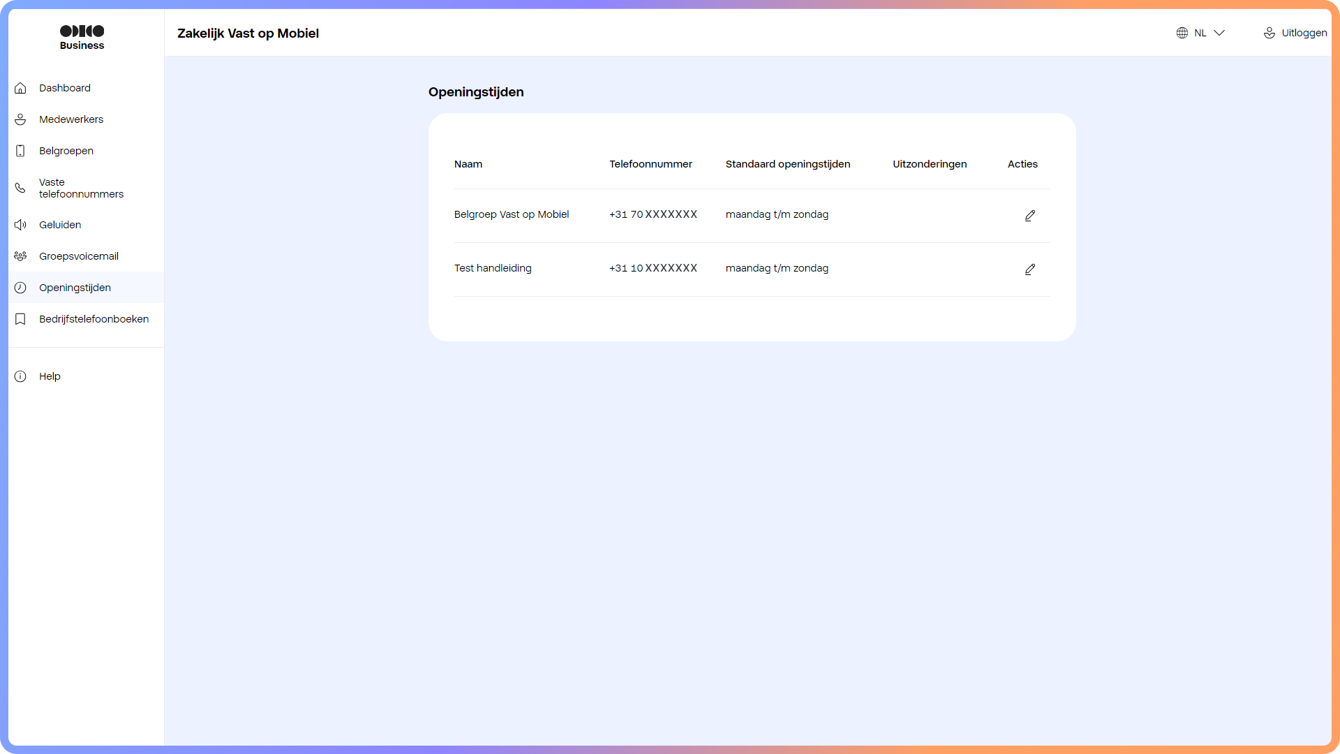 Overzicht met ingestelde openingstijden in het Zakelijk Vast op Mobiel portaal