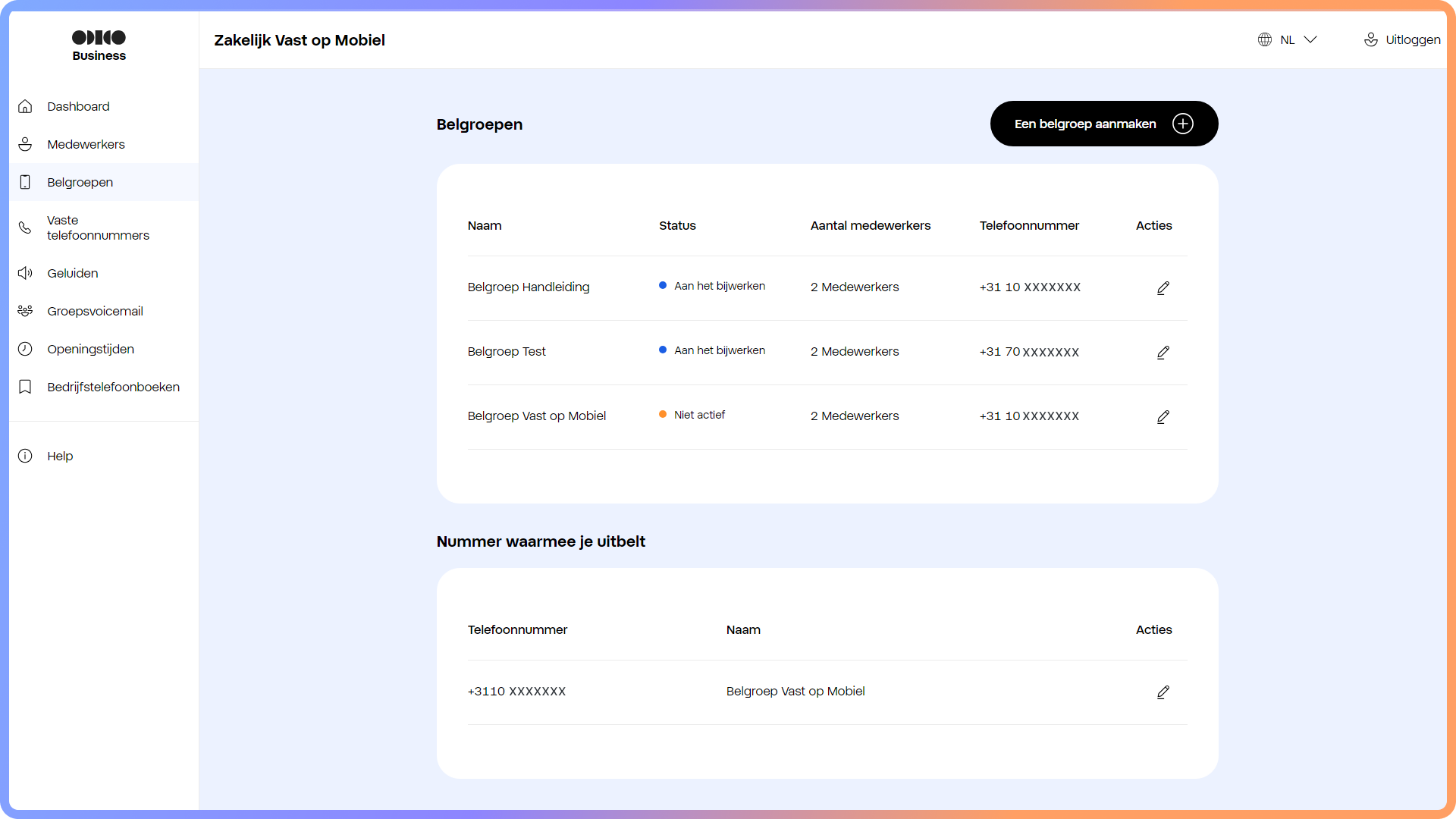 Overzicht Belgroepen Zakelijk Vast op Mobiel