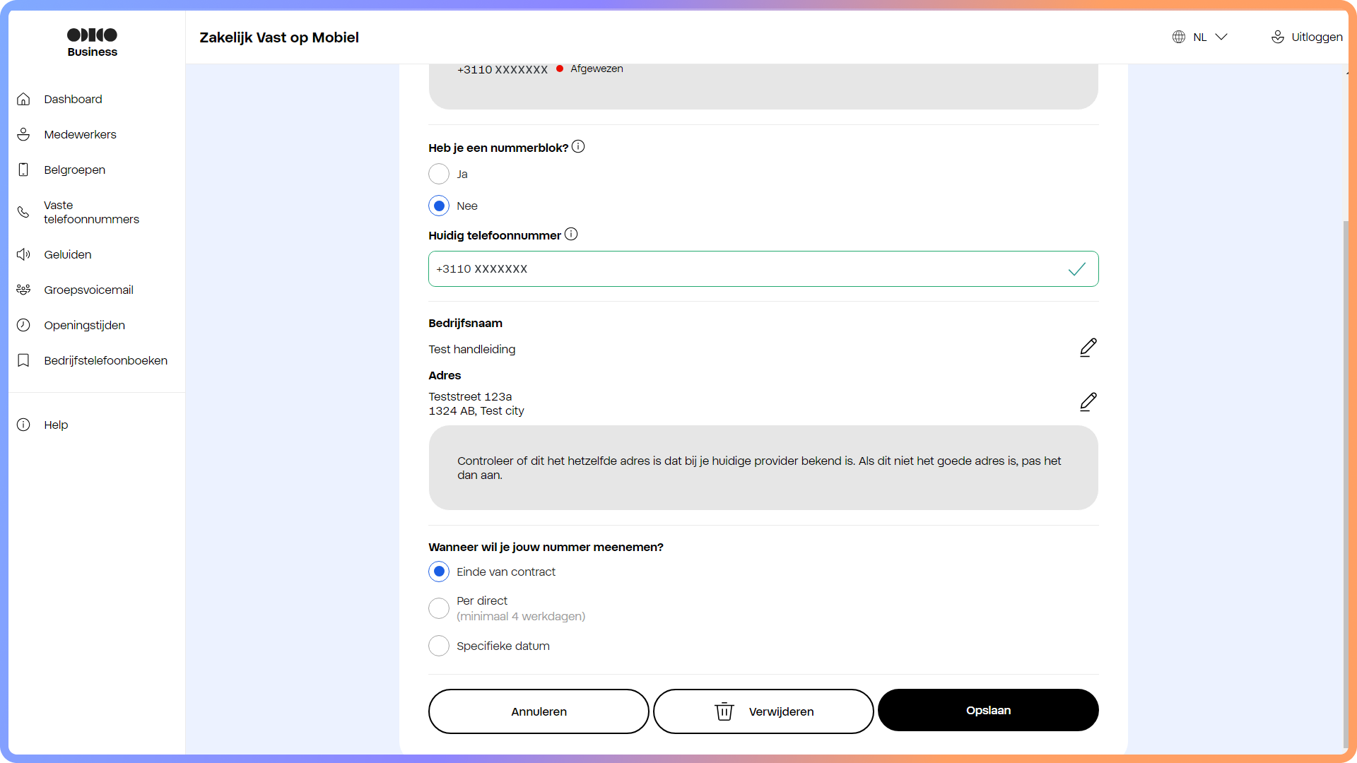 Het aanpassen van de aanvraag voor nummerbehoud in het Zakelijk Vast op Mobiel portaal