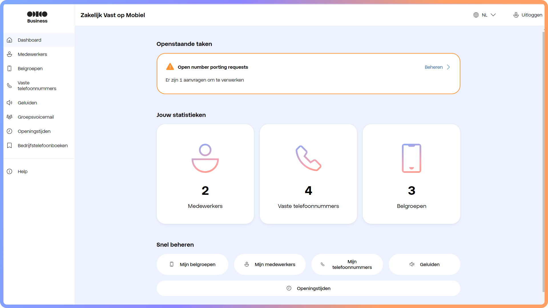 Dashboard van het Zakelijk Vast op Mobiel portaal met een openstaande taak na het afwijzen van het verzoek voor nummerbehoud