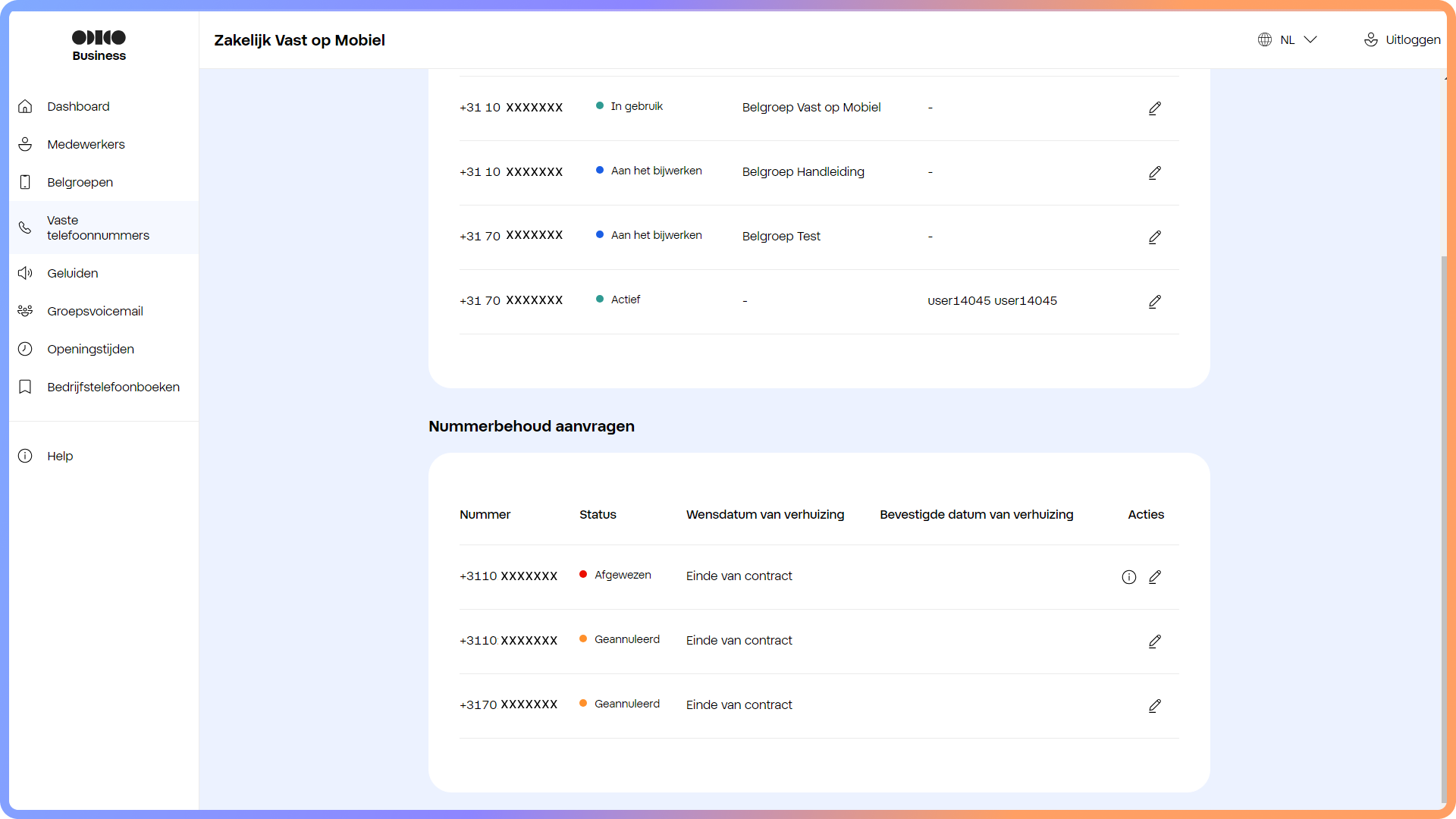 Overzicht van telefoonnummers in het Zakelijk Vast op Mobiel portaal waarvan 1 nummer de status afgewezen heeft