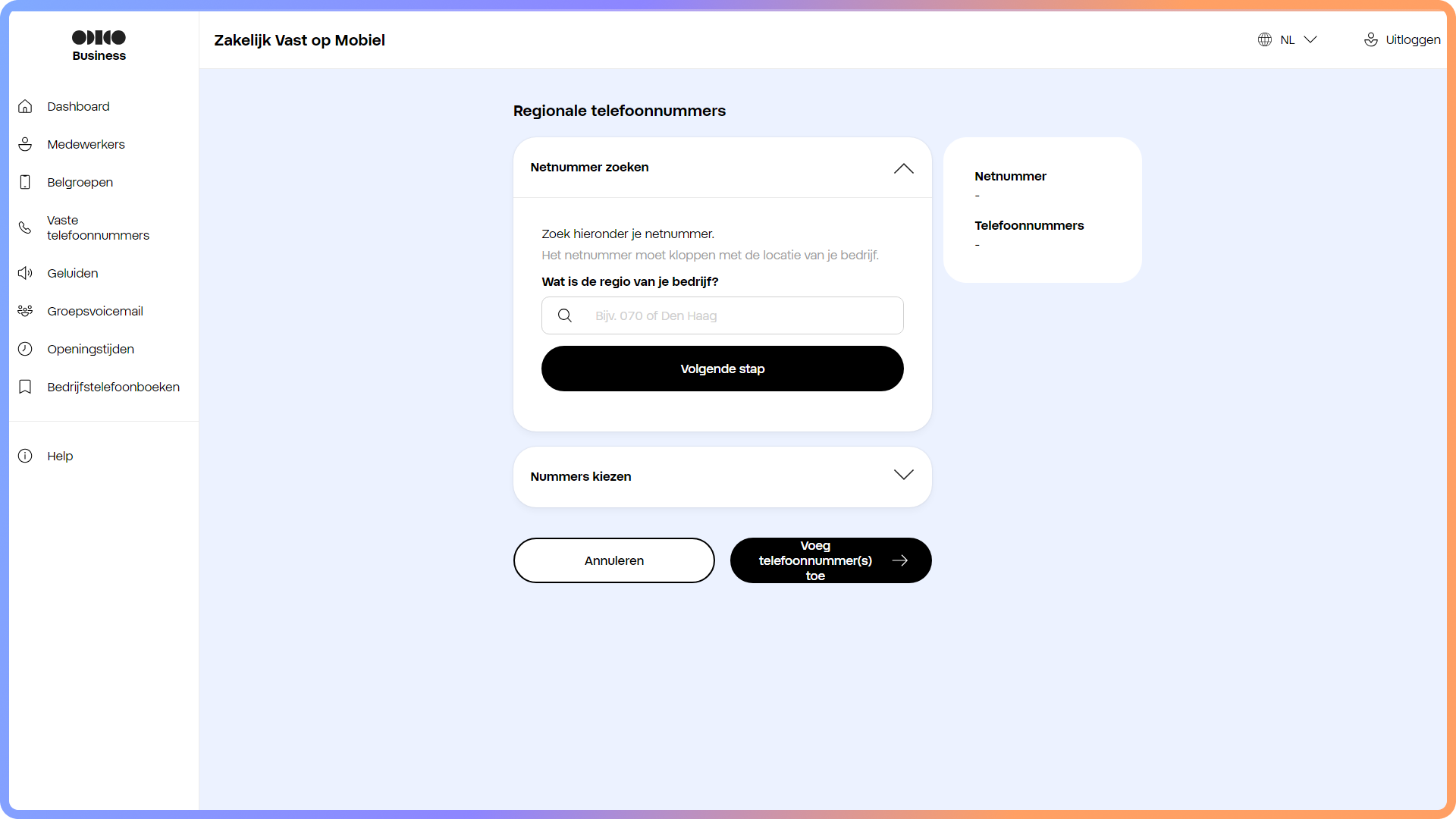 Het zoeken naar het netnummer tijdens het toevoegen van een regionaal vast telefoonnummer in het Zakelijk Vast op Mobiel portaal