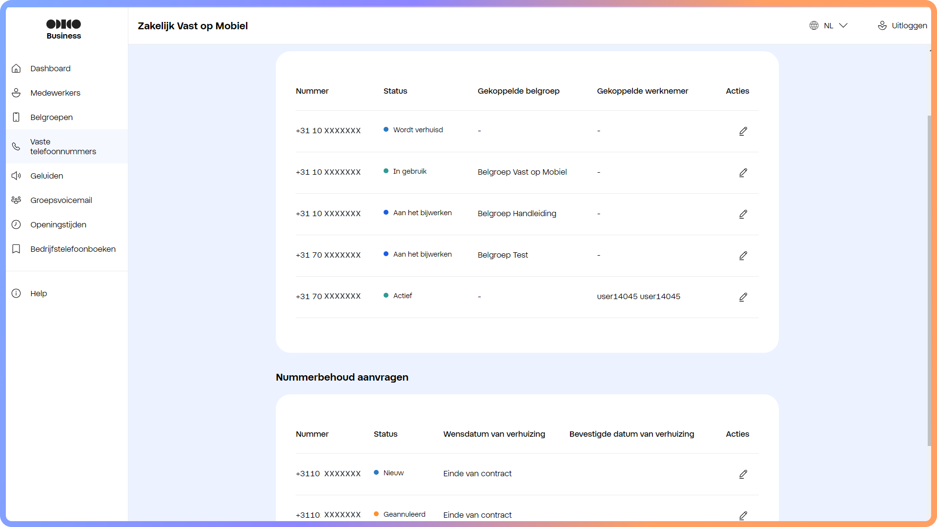 Overzicht van telefoonnummers in het Zakelijk Vast op Mobiel portaal waarvan 1 nummer de status nieuw heeft