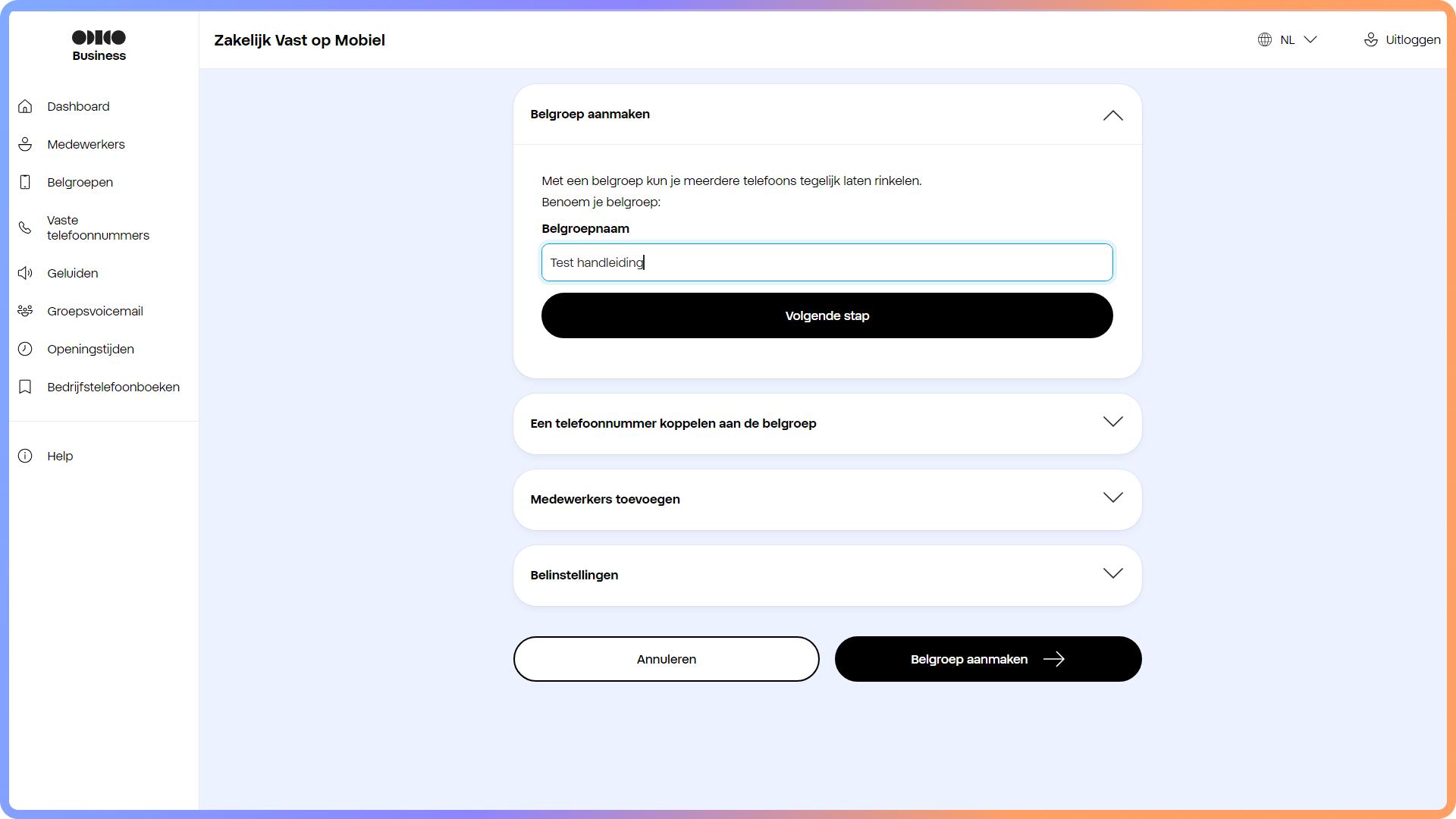 Het geven van een naam aan een belgroep in het Zakelijk Vast op Mobiel portaal