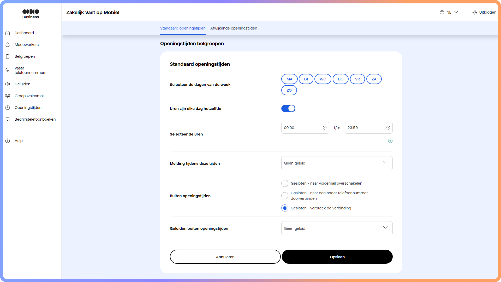 Instellen van de standaard openingstijden in het zakelijk vast op mobiel portaal