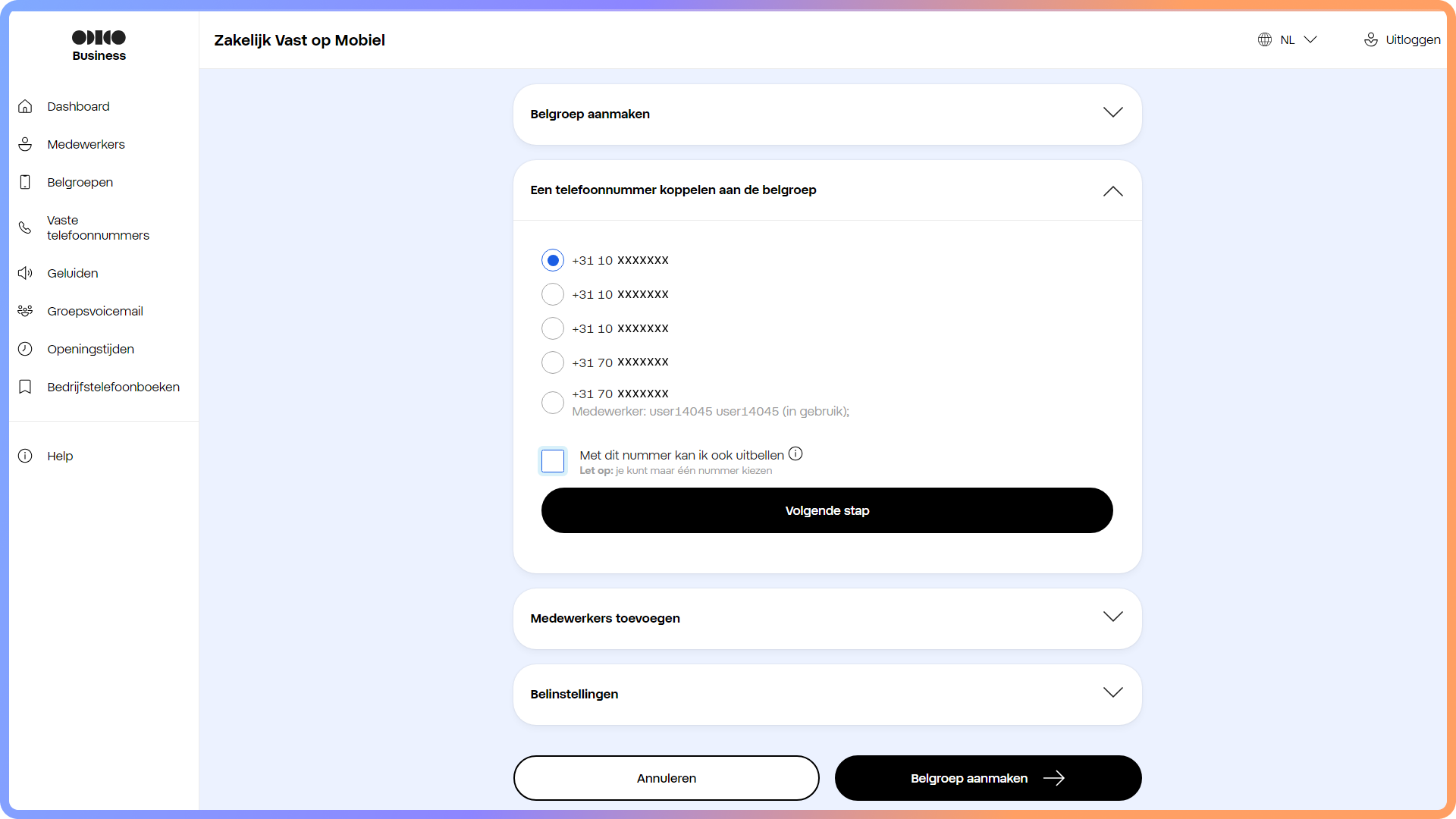 Selecteren van een telefoonnummer bij het aanmaken van een belgroep in de Zakelijk Vast op Mobiel portaal