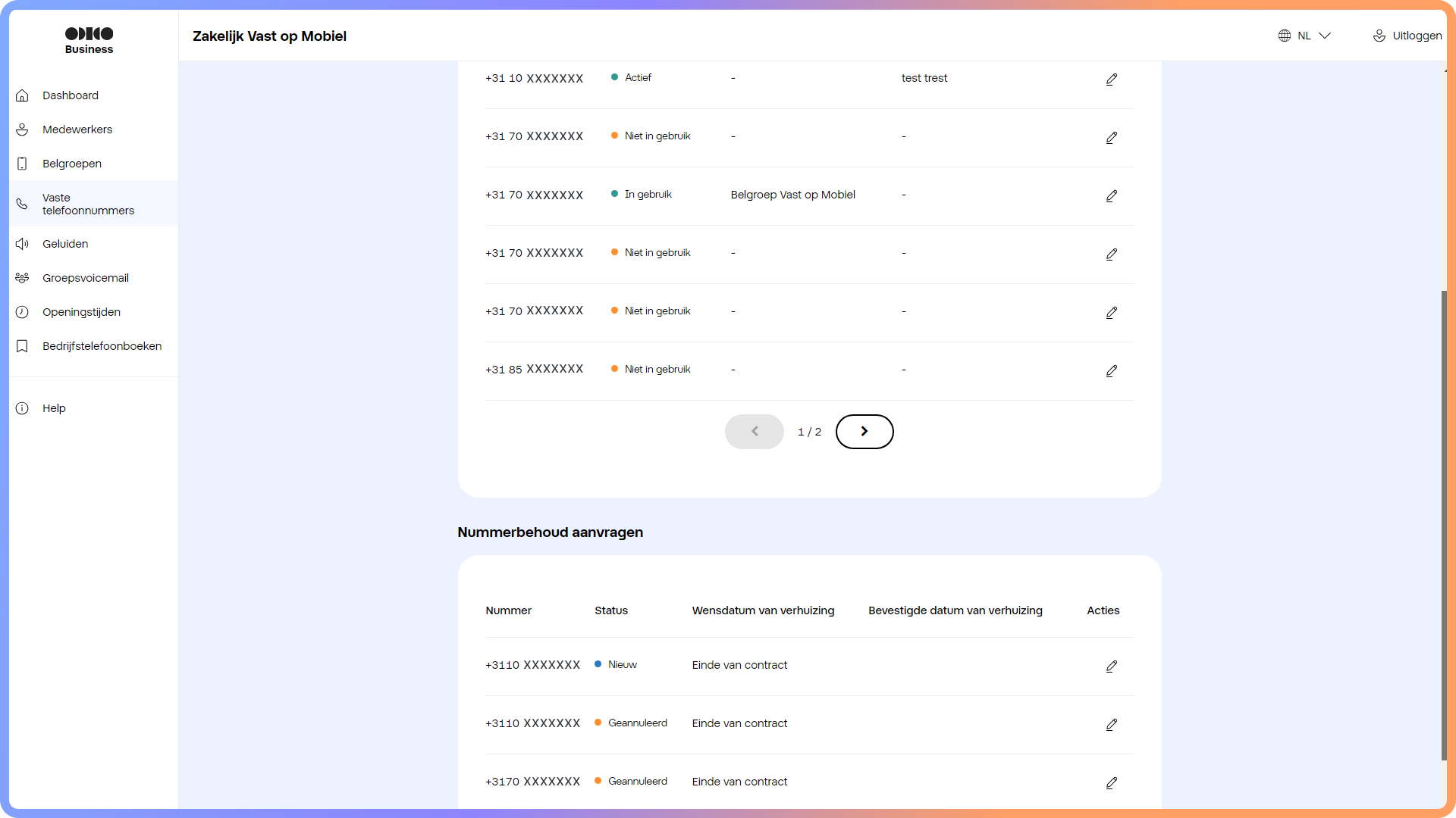 Overzicht van nummerbehoud aanvragen in het Zakelijk Vast op Mobiel portaal