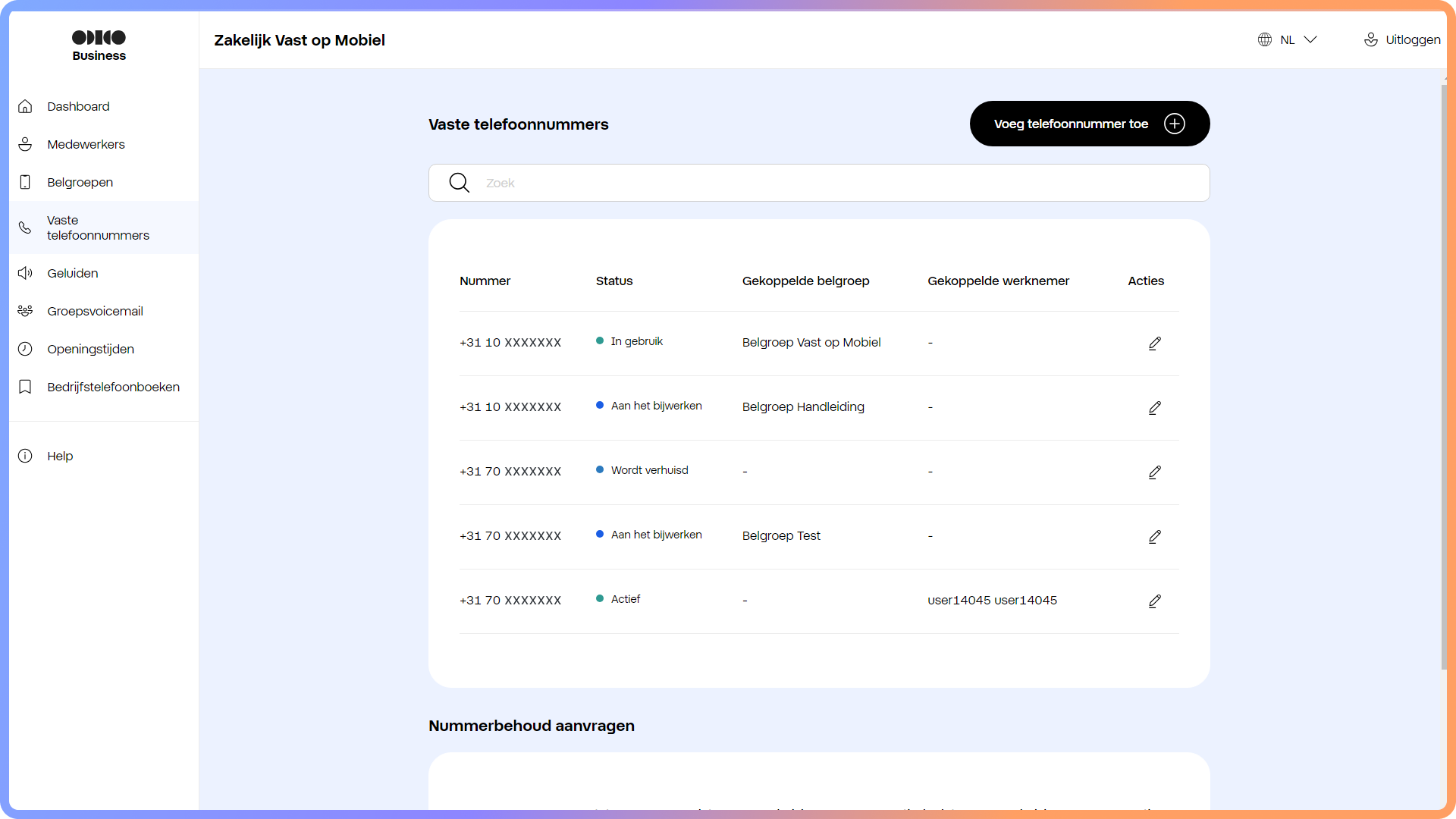 Overzicht van vaste telefoonnummers in het Zakelijk Vast op Mobiel portaal