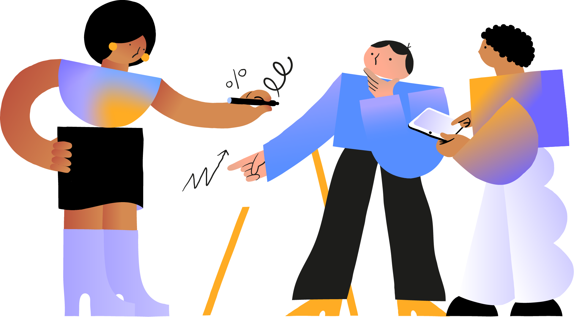 Three abstract figures discussing a chart with a rising arrow and percentage sign. One holds a pen, another holds a tablet. Three abstract figures discussing a chart with a rising arrow and percentage sign. One holds a pen, another holds a tablet.