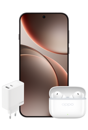 Smartphone met abstracte wallpaper, een witte oplader en draadloze oordopjes in een met “Oppo” gebrandde case tegen een witte achtergrond.