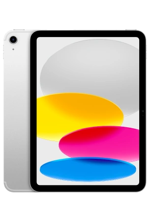 Een tablet met kleurrijke abstracte ovalen op het scherm, waarin grijs, geel, roze en blauw samenkomen, met een zichtbare camera aan de achterkant.