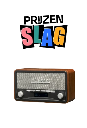 Afbeelding van prijzenslag logo met retro wekker radio
