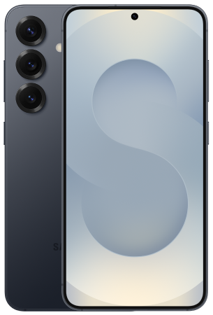 Voor- en achterkant van een moderne smartphone, met een drievoudig camerasysteem en een strak, minimalistisch ontwerp tegen een grijze achtergrond.