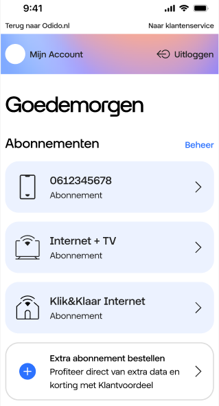 Abonnementen overzicht in Mijn Odido met 1 mobiel abonnement en 1 internet + tv abonnement
