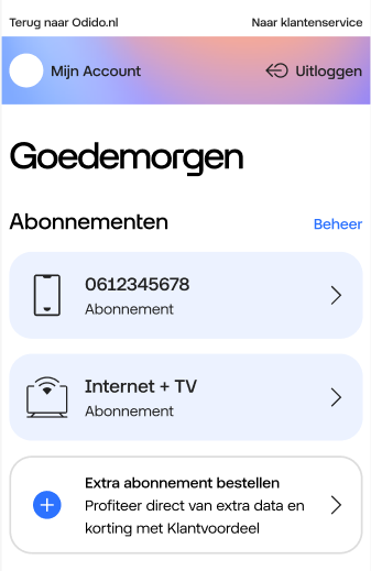 Abonnementen overzicht in Mijn Odido met 1 mobiel abonnement en 1 internet + tv abonnement