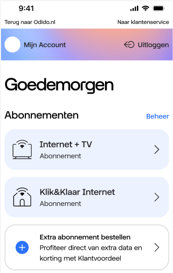 Abonnementen overzicht in Mijn Odido met 1 Internet + TV abonnement en 1 Klik&Klaar Internet abonnement