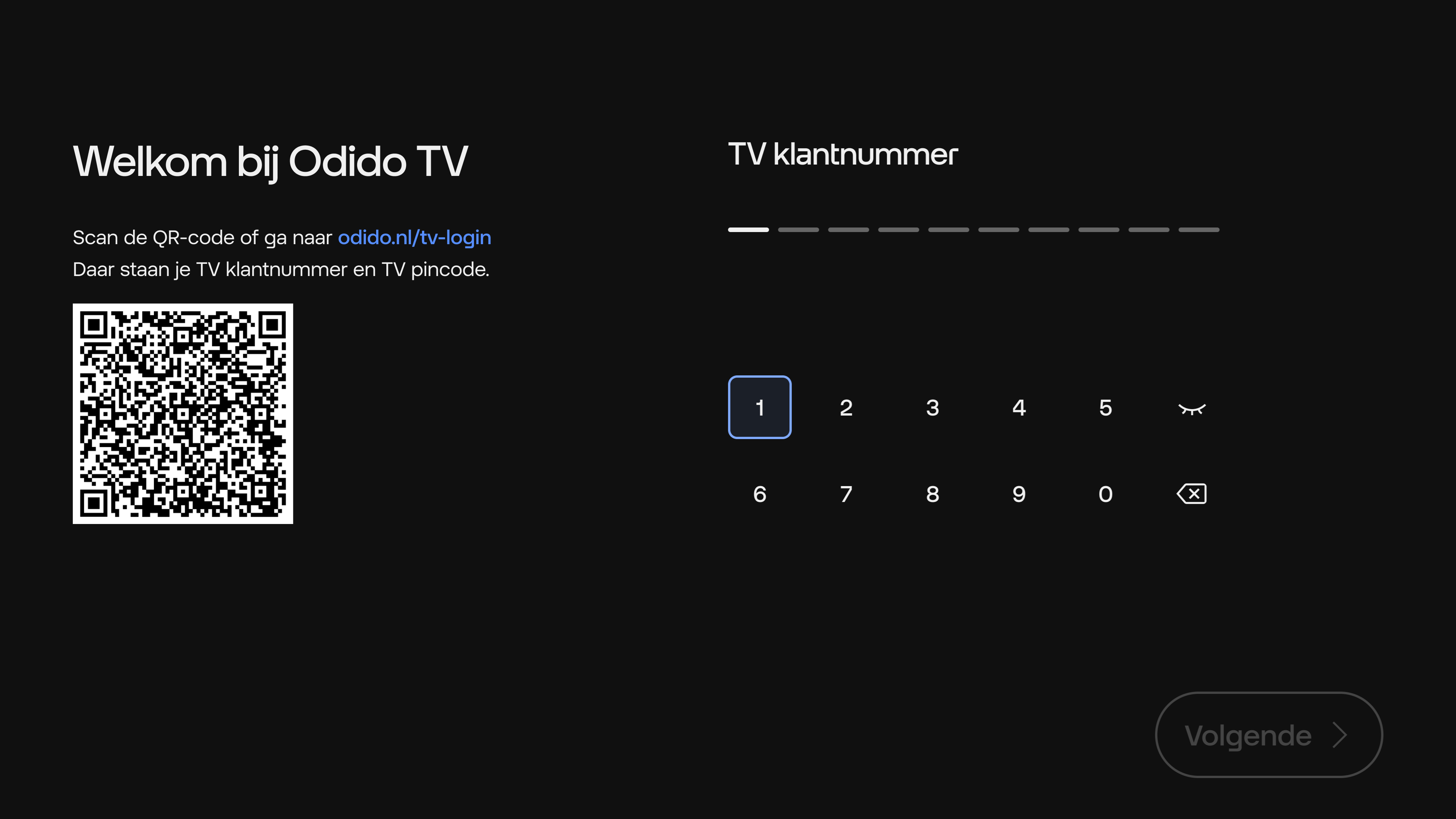 Inlogscherm van Odido TV met een QR-code om snel naar Mijn Odido te gaan als je je TV inloggevens bent vergeten