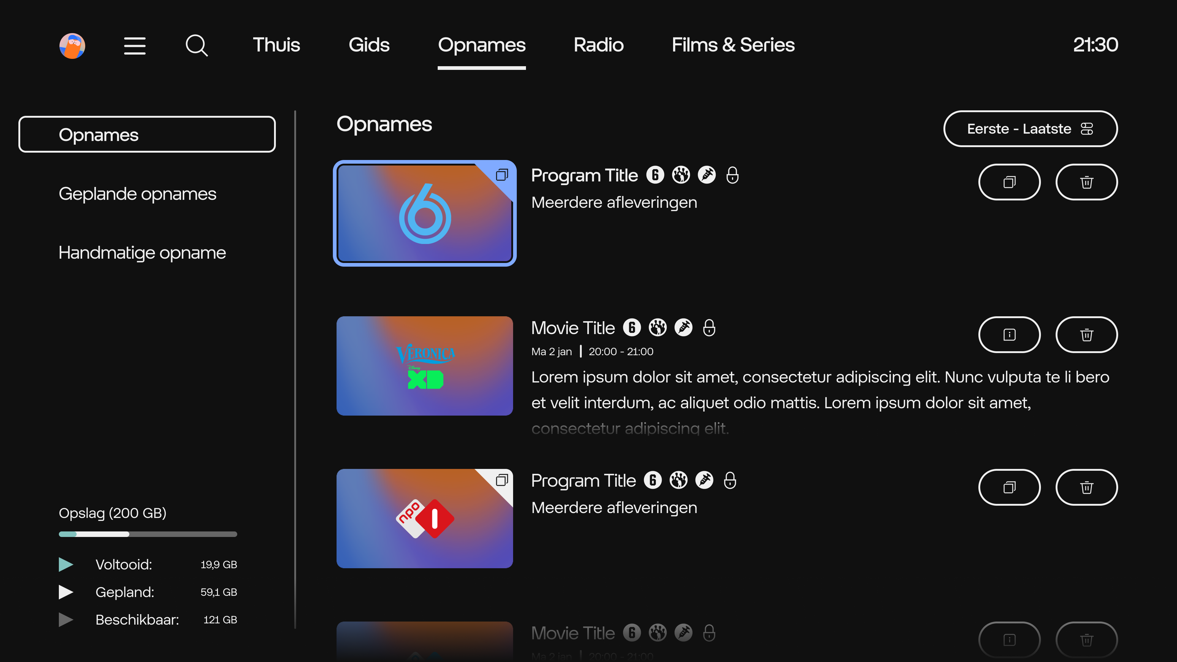 Schermafbeelding van de opgenomen programma's in het TV menu