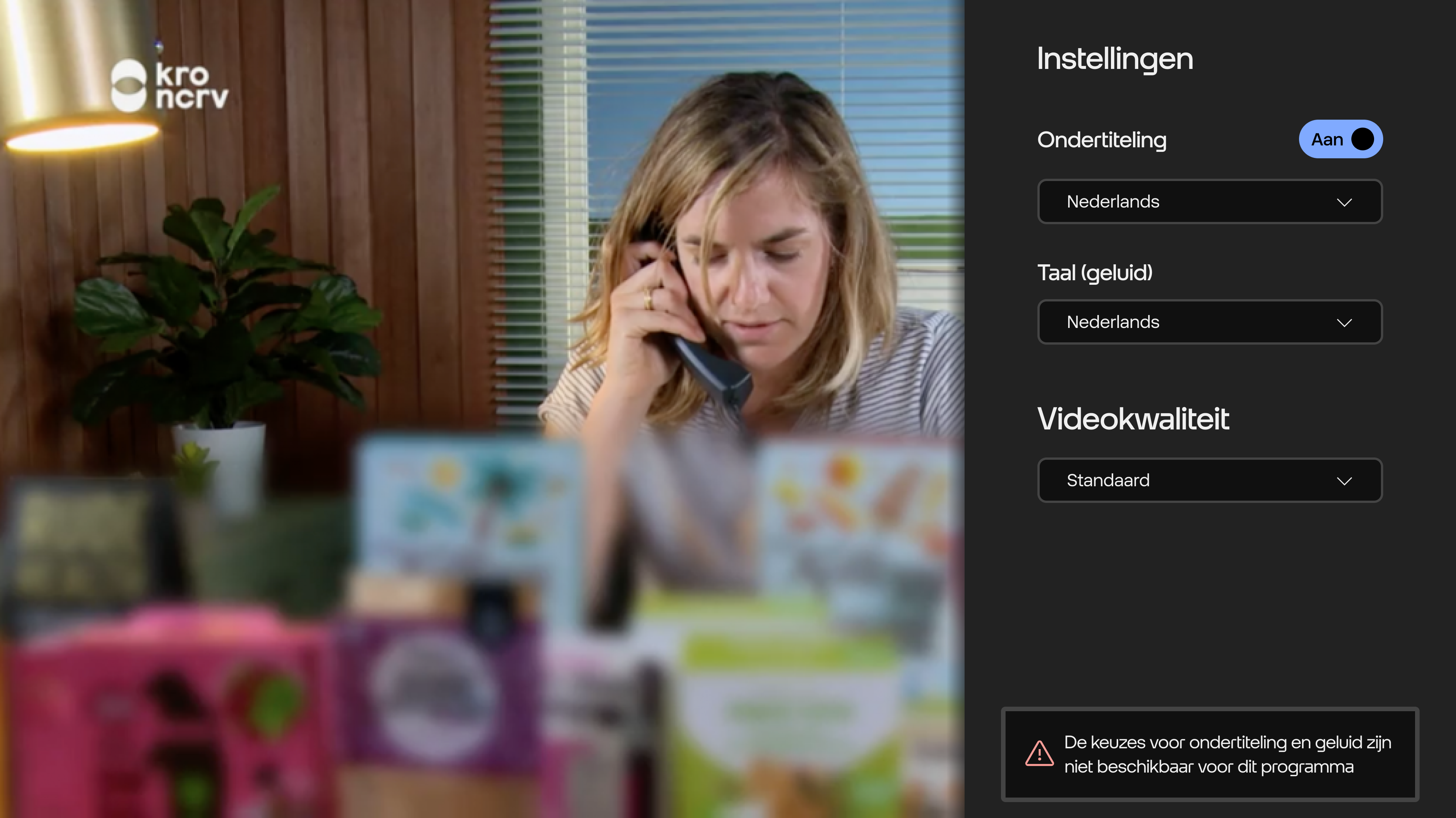 Schermafbeeldingen van de instellingen voor ondertiteling en de taal in het TV menu