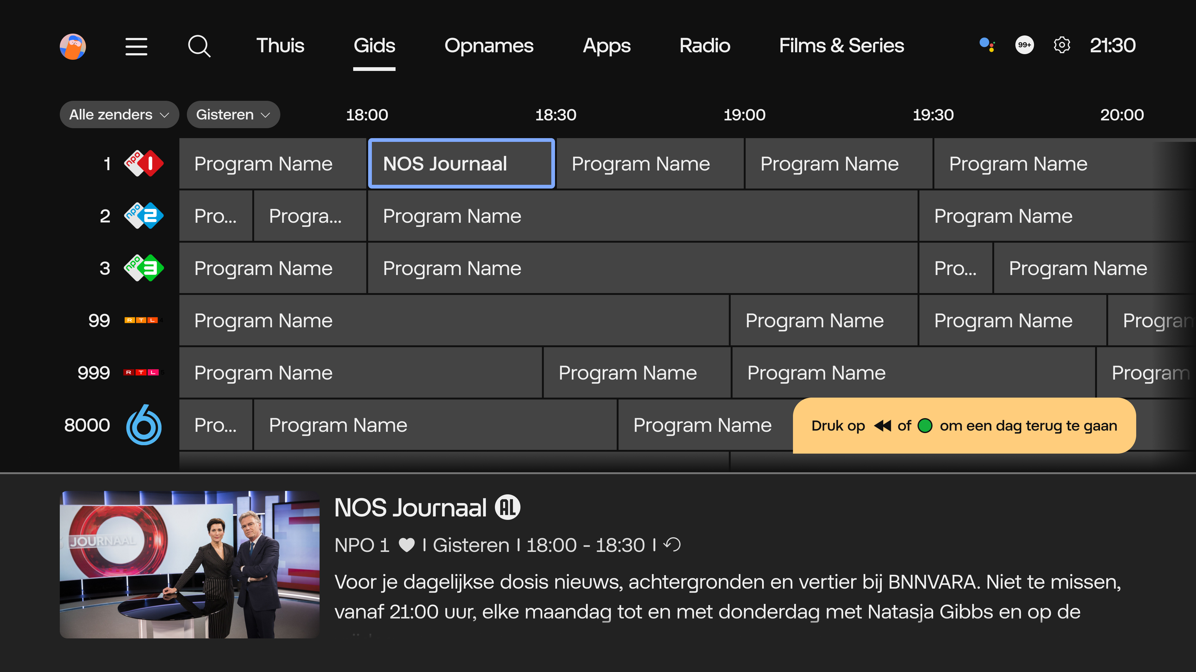 Schermafbeelding van de TV-Gids in het TV menu