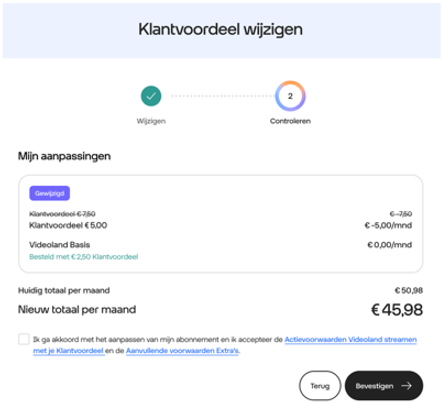 Videoland klantvoordeel activeren stap 3 printscreen van bevestiging van korting plus Videoland Basis