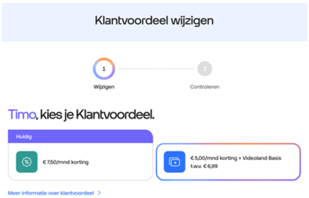 Videoland klantvoordeel activeren stap 2 printscreen van keuze mogelijkheid tussen korting of korting plus Videoland Basis