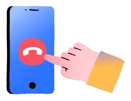 Illustratie van een hand die op een rode ophangknop drukt op het scherm van een blauwe smartphone.
