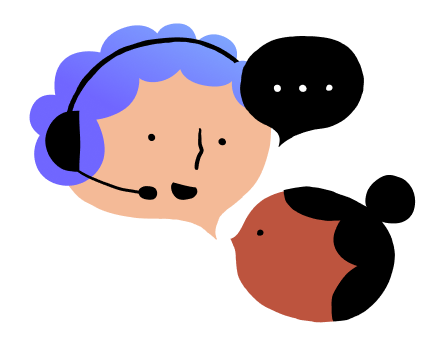 Illustratie van een persoon met paars haar die een headset draagt en praat met een oranje vogel, met een tekstballon met puntjes.