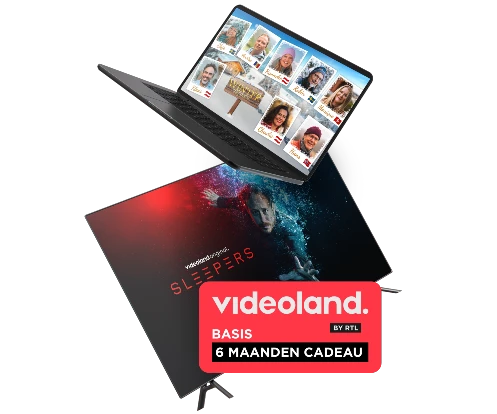 Laptop waarop tv-serie-thumbnails te zien zijn, een Sleepers-poster en het Videoland-logo met de tekst ‘6 maanden cadeau’.