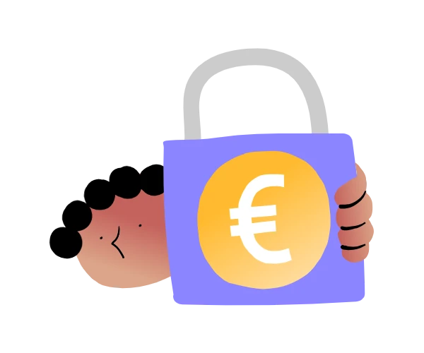 Persoon die een groot hangslot vasthoudt met daarop een euroteken, als symbool voor financiële veiligheid of bescherming van valuta.