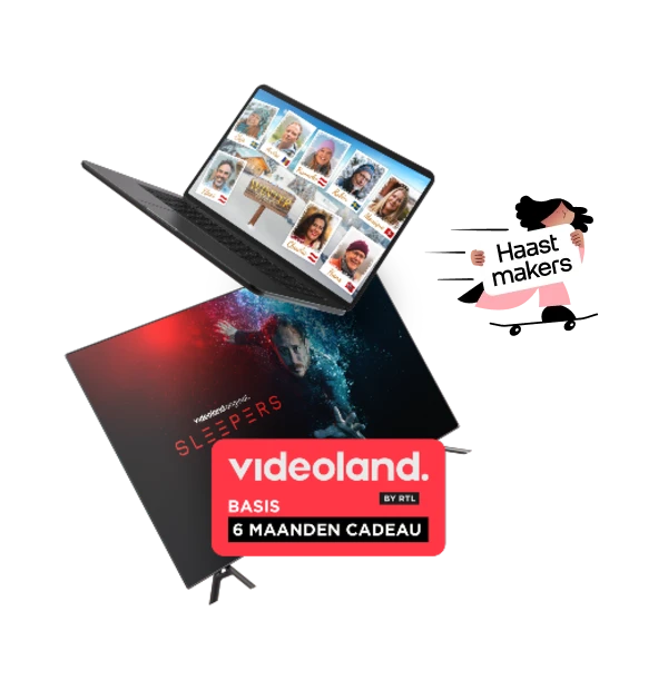 Laptop waarop tv-serie-thumbnails te zien zijn, een Sleepers-poster en het Videoland-logo met de tekst ‘6 maanden cadeau’.