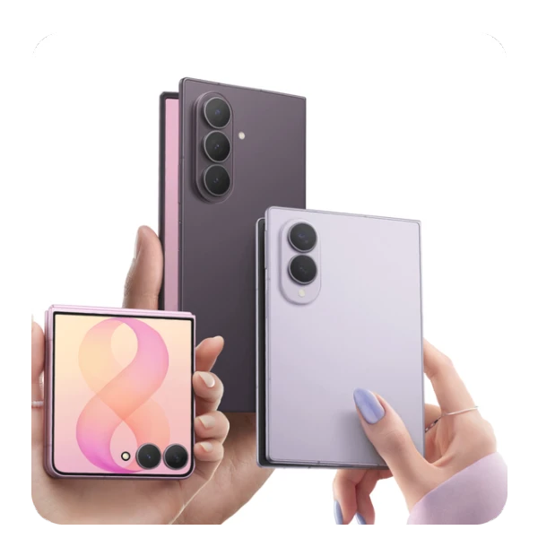 Three smartphones are held by hands, showcasing foldable and traditional designs, with multiple cameras and purple and white colors.