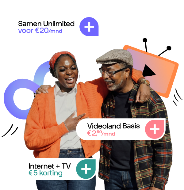 Glimlachend stel met telecomaanbiedingen in beeld, waaronder Samen Unlimited voor €20, Videoland Basis voor €2,50 en €5 korting op Internet + TV.