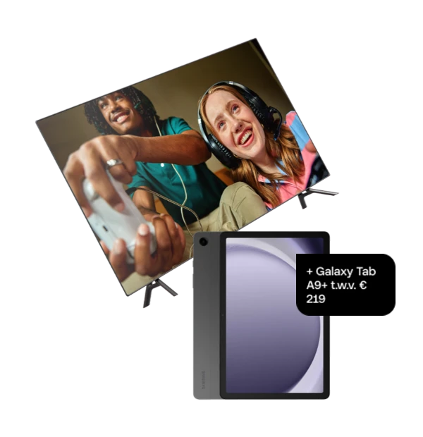 Two people gaming on a TV, one holding a controller. A Galaxy Tab A9 is displayed in the foreground with a price tag of €219.